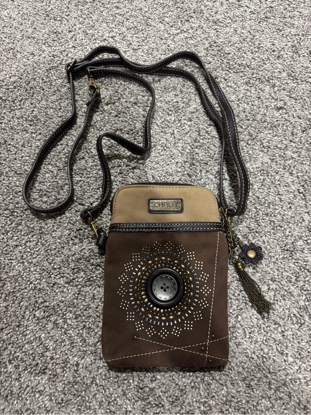Chala Brown & Tan Crossbody Phone Pouch with Tassel